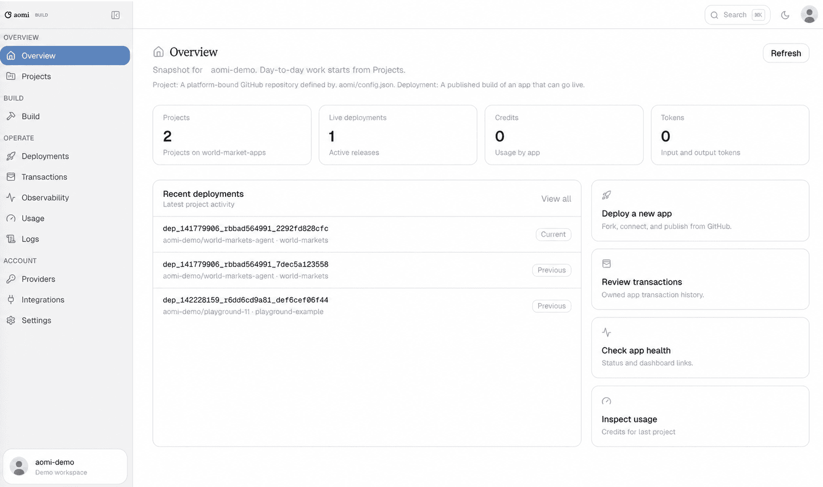 Aomi Build overview showing projects, live deployments, recent releases, and operational navigation