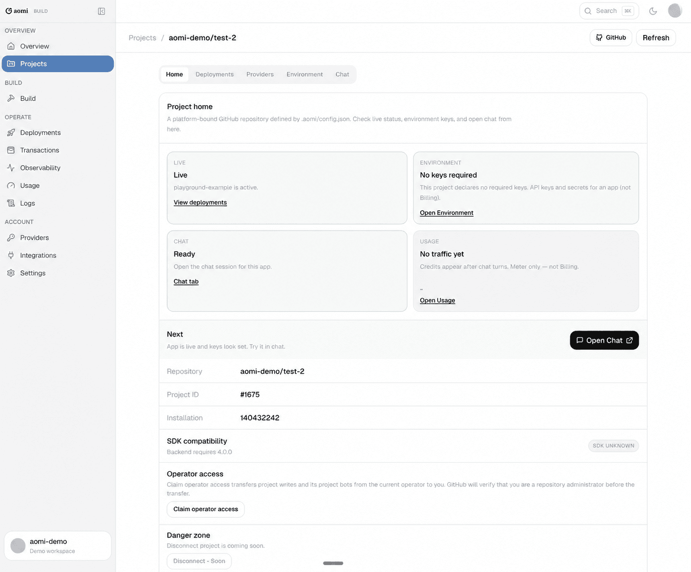 Aomi Build project home showing live status, environment readiness, chat access, and project management details
