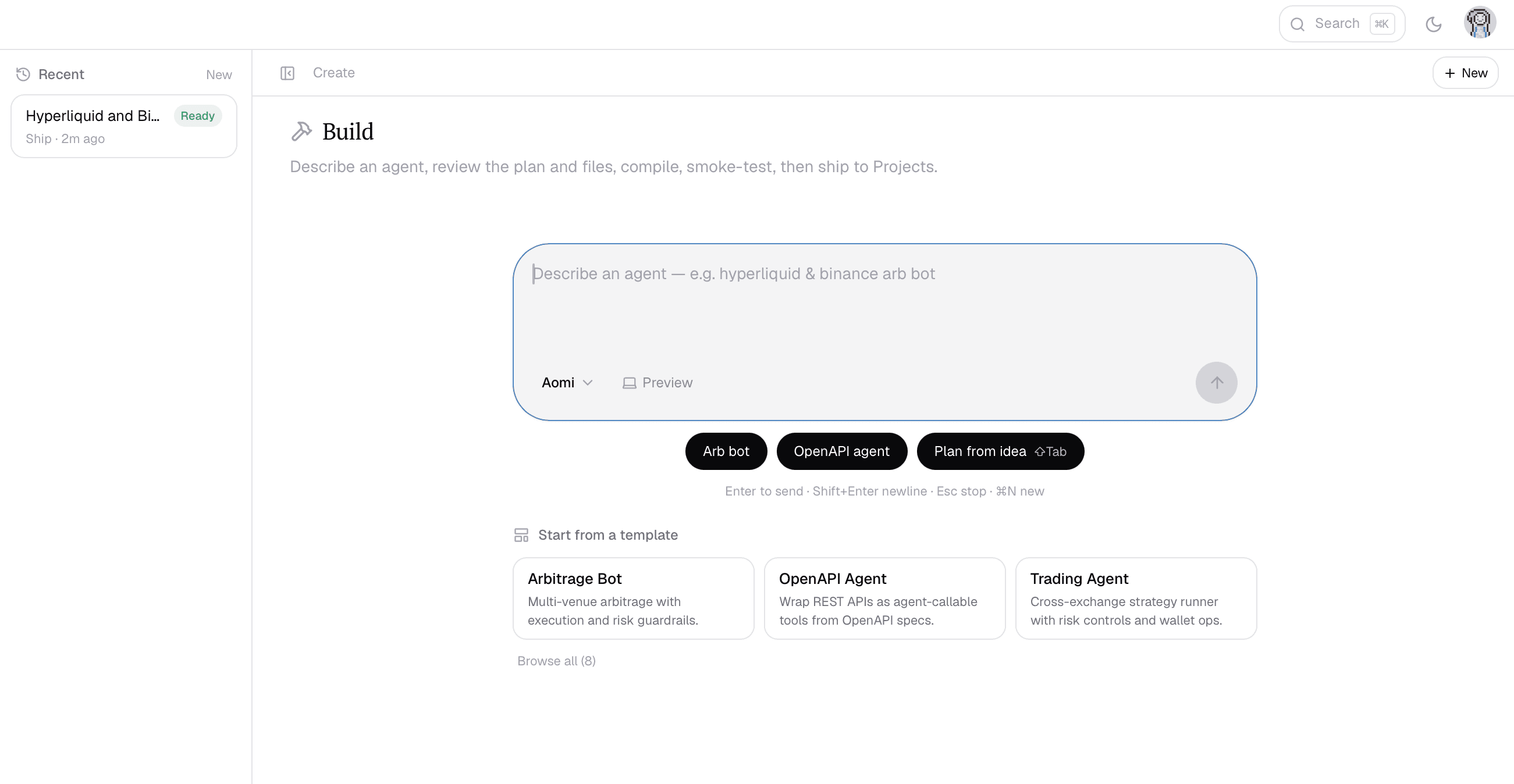 Aomi Build screen for creating an agent from a prompt or template