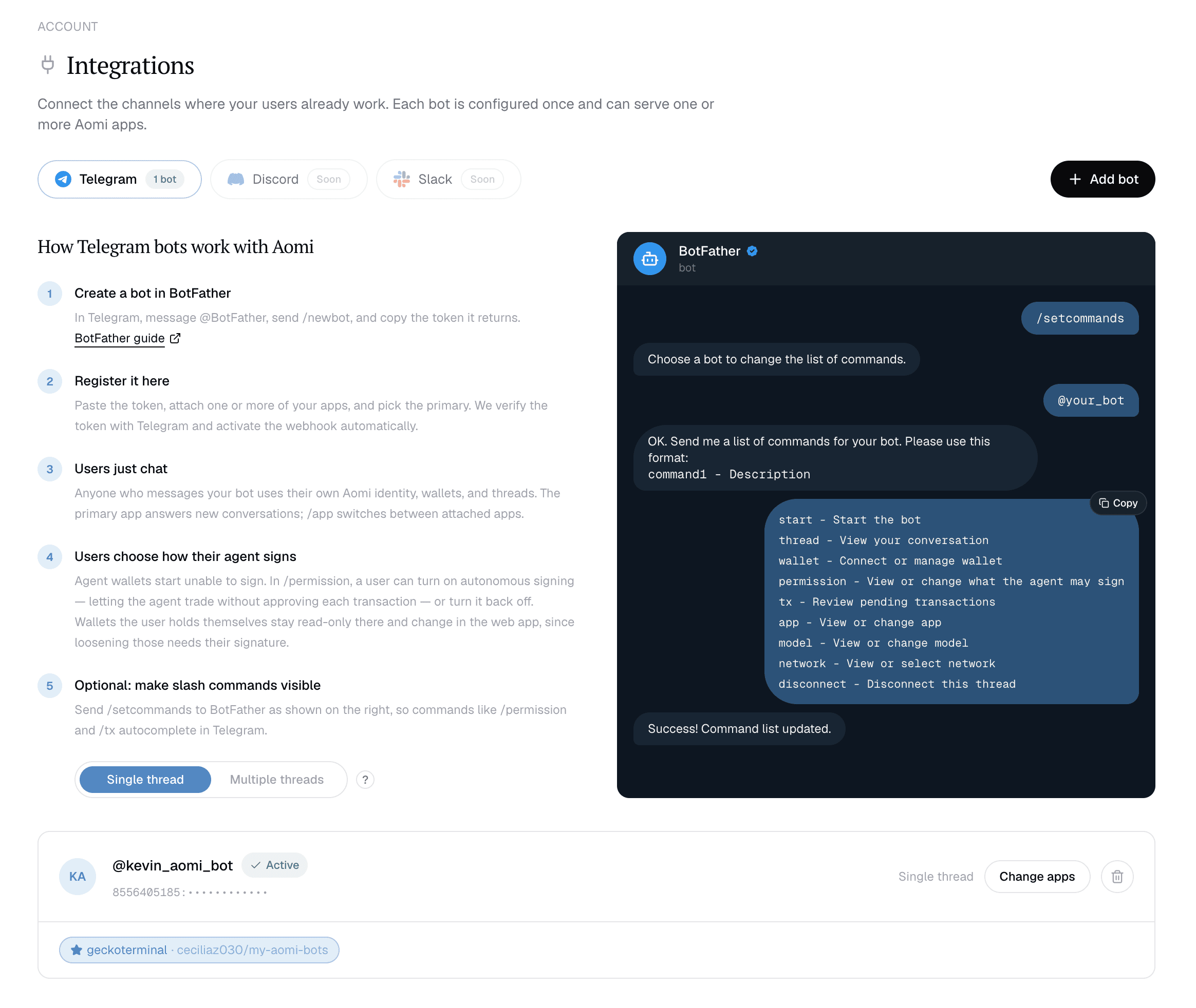 Aomi Build Integrations screen showing Telegram setup, BotFather commands, and an attached app
